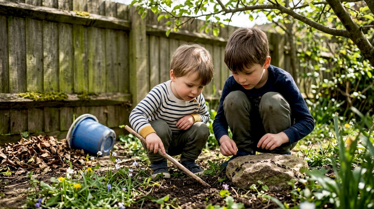 Children exploring insects in backyard garden