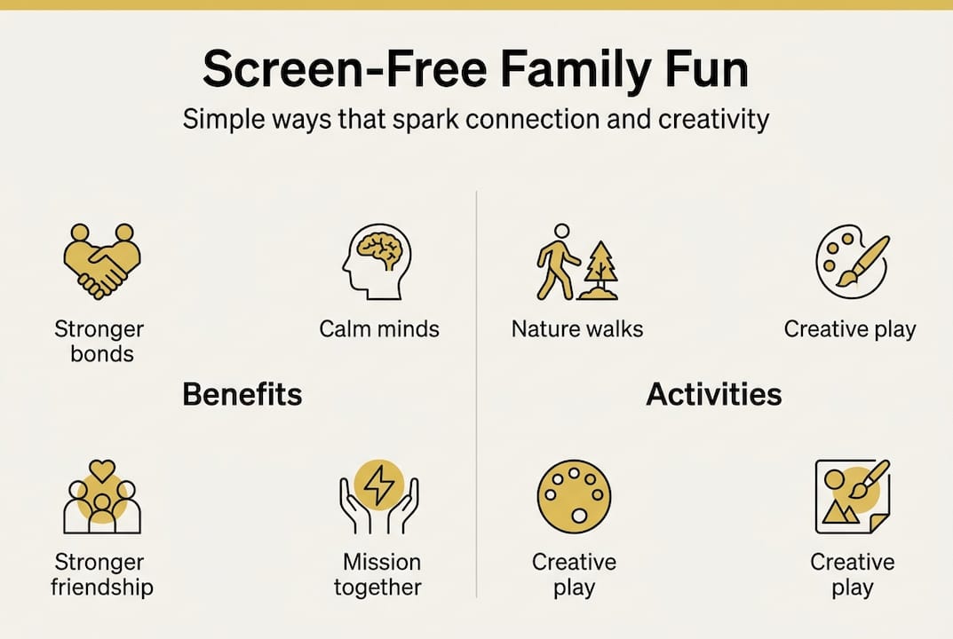 Infographic comparing benefits and activities for screen-free family time