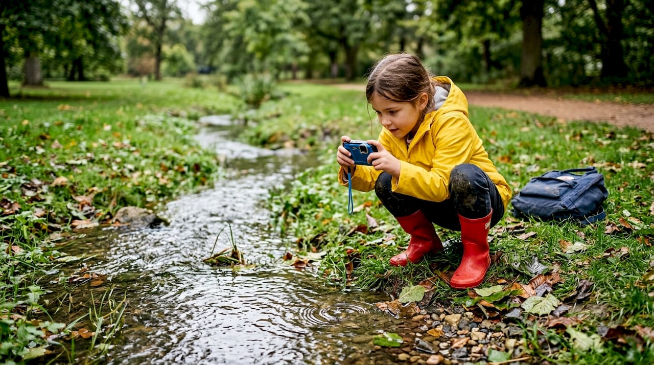 Un enfant part à la découverte de la nature, appareil photo étanche à la main.