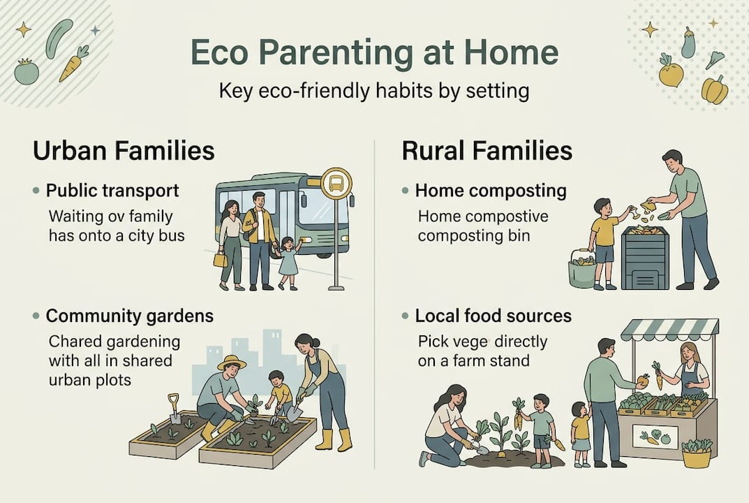 Infographic comparing urban and rural eco parenting