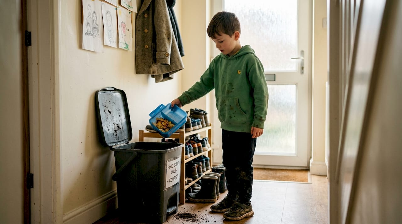 Child composts leftovers after school lunch