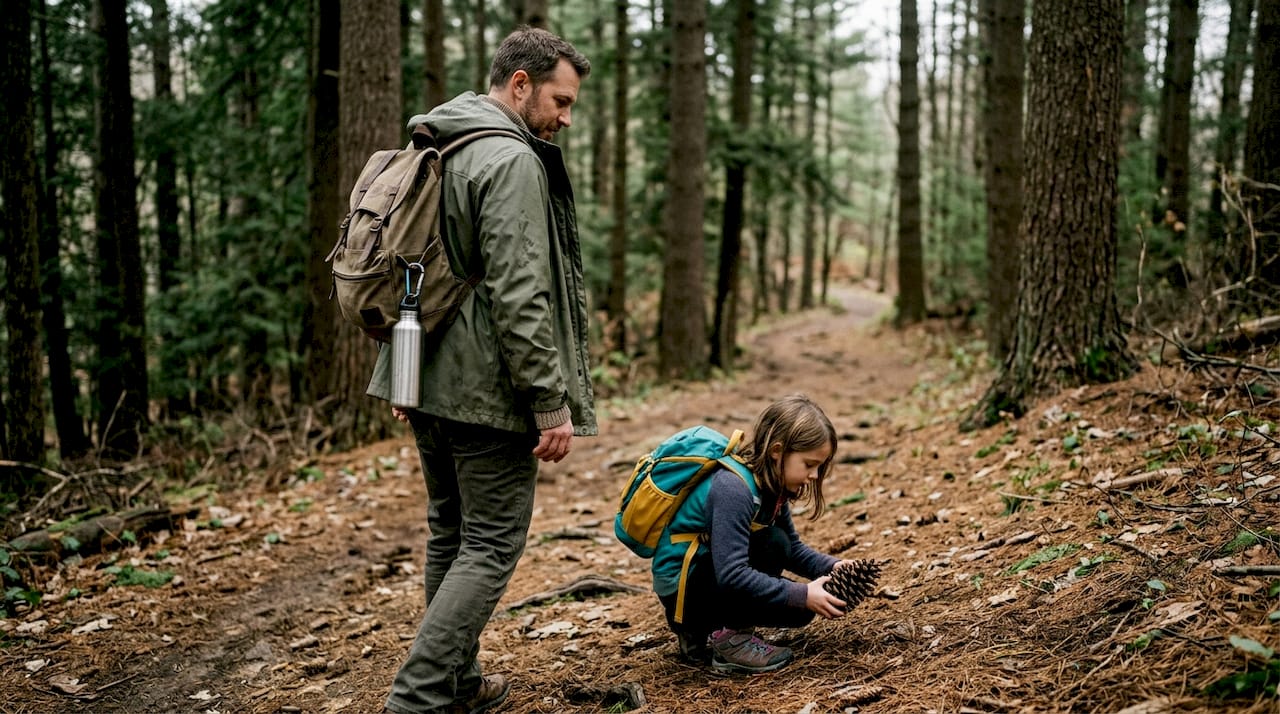 Parent and child exploring uneven forest path together