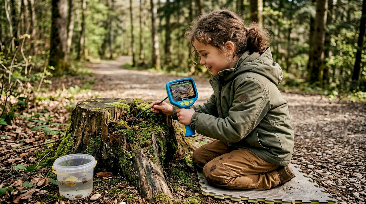 Un enfant curieux observe de petits insectes à l’aide d’une caméra flexible, fasciné par le monde miniature qui s’offre à lui.