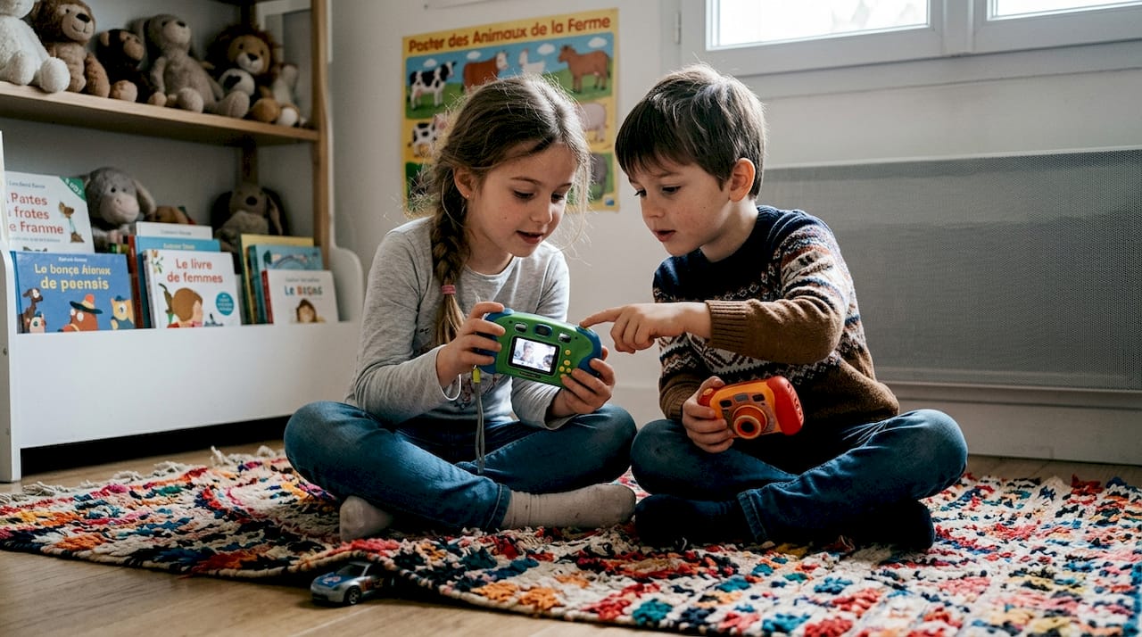 Deux enfants se montrent leurs appareils photo Kidi et discutent de leurs différences.