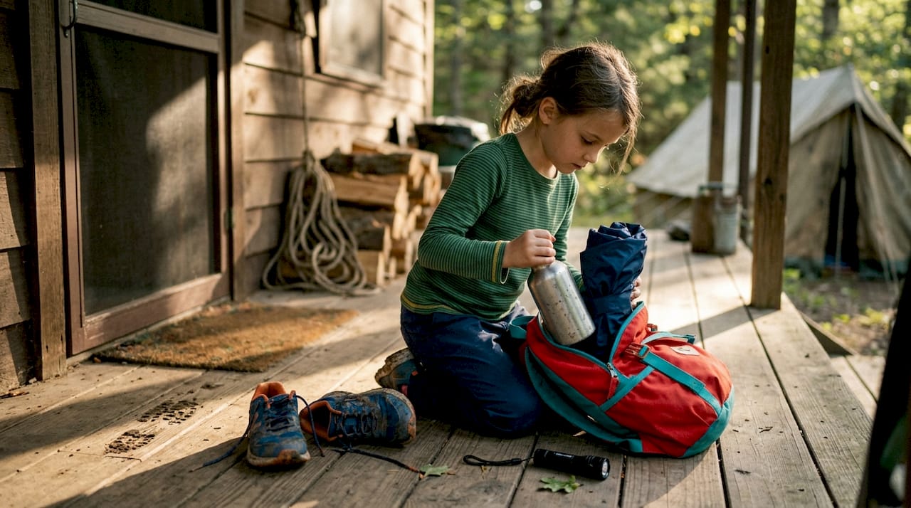 Child packing rucksack on cabin porch