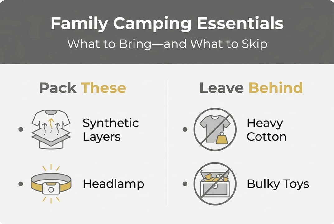 Infographic of camping essentials to pack and skip