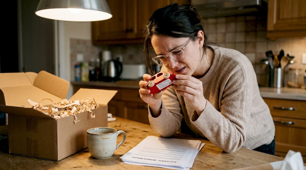 Avant de laisser jouer son enfant, la maman s’assure que la petite voiture rouge en bois est bien sécurisée.