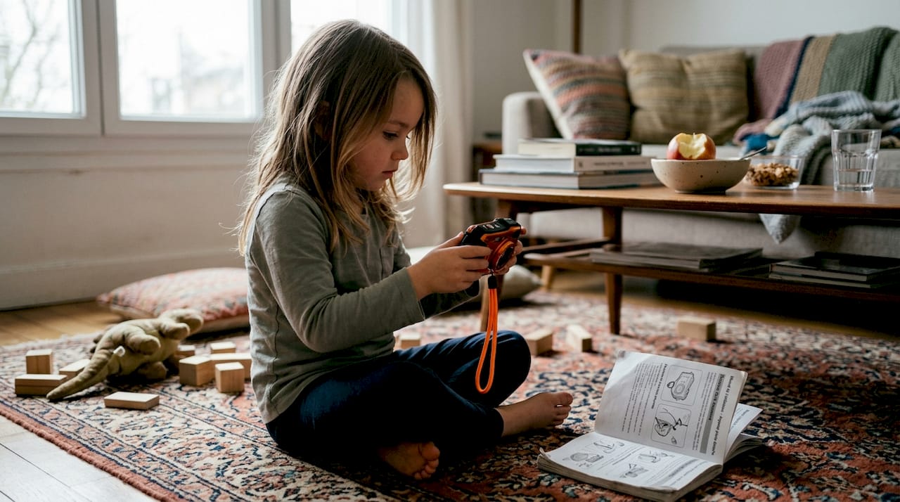 Une petite fille fixe une dragonne sur son appareil photo pour enfant.