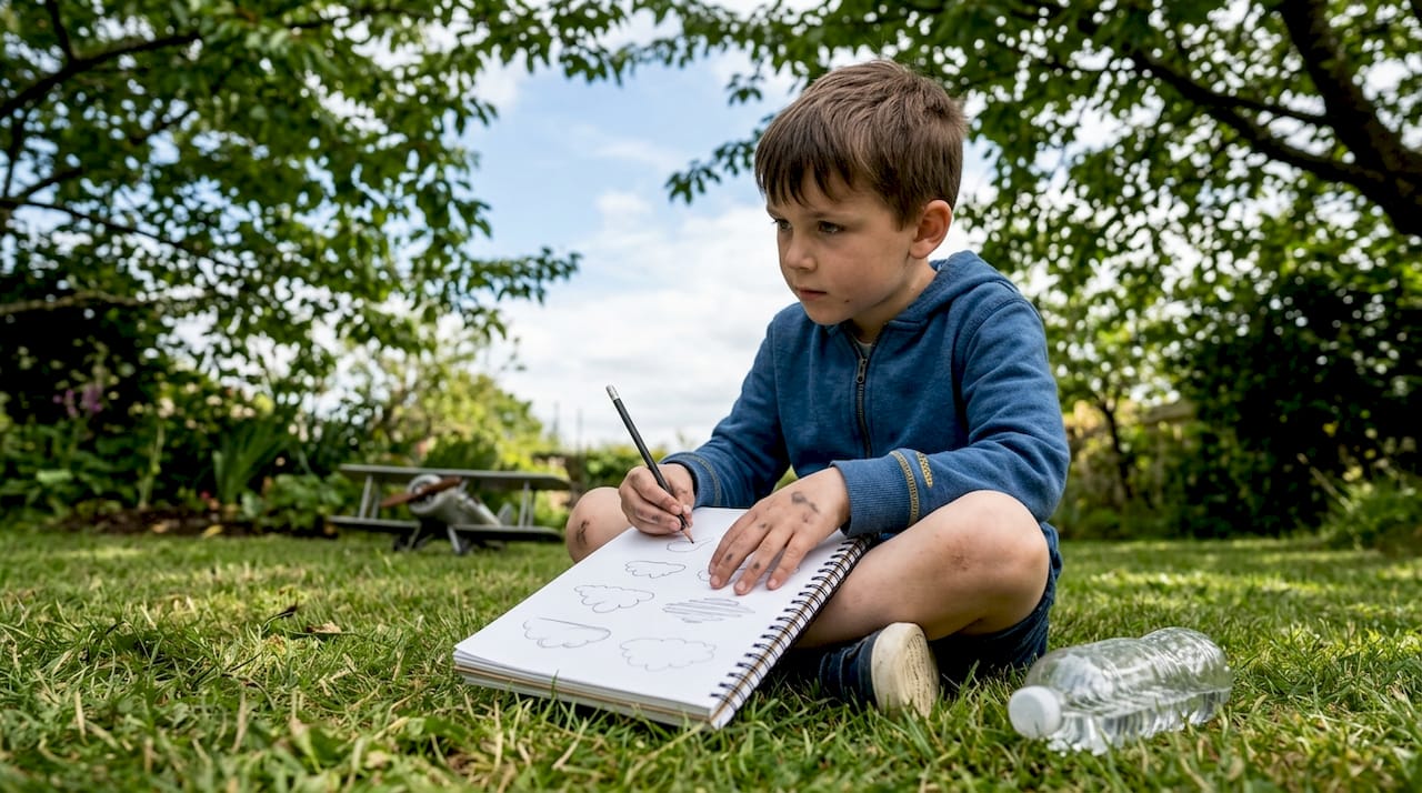 Boy drawing clouds in backyard journal