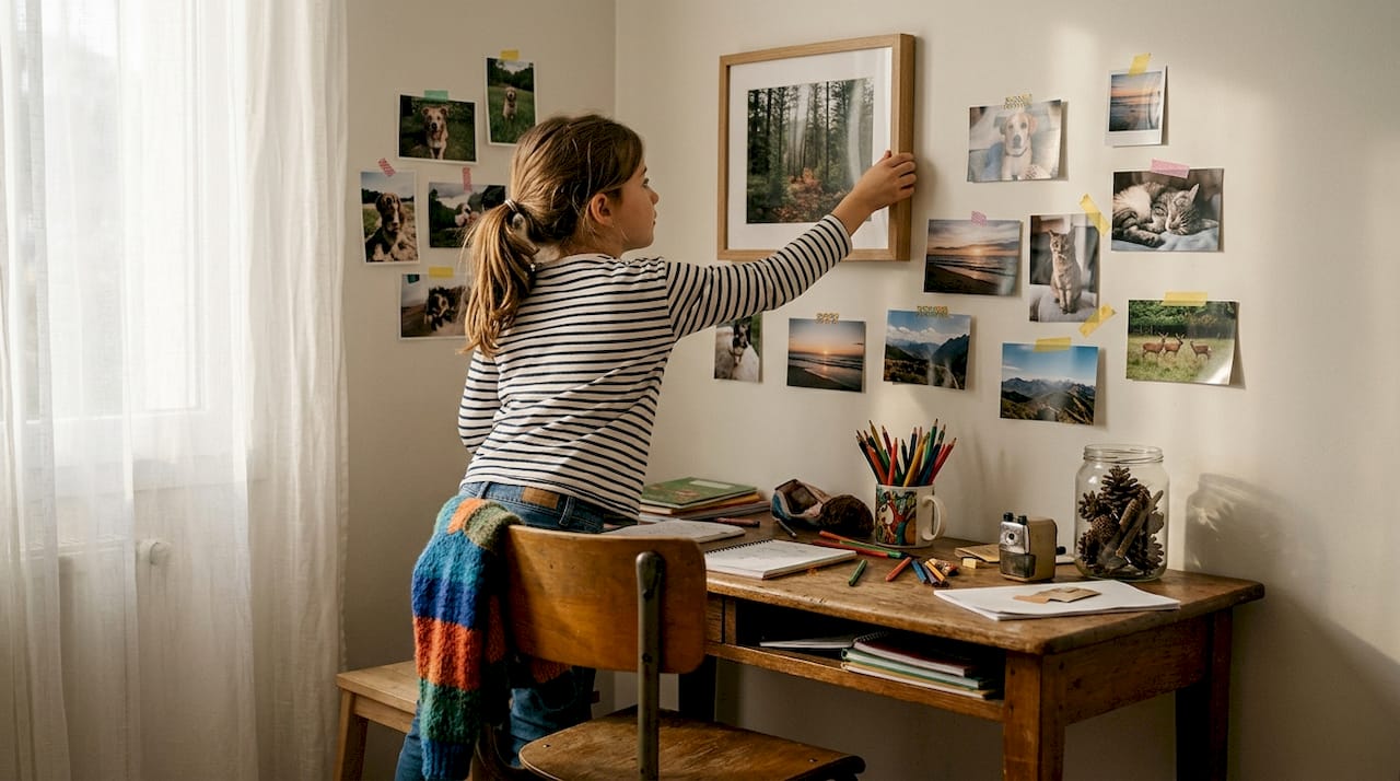 Une jeune femme personnalise son espace de travail en y affichant des photos de paysages naturels.