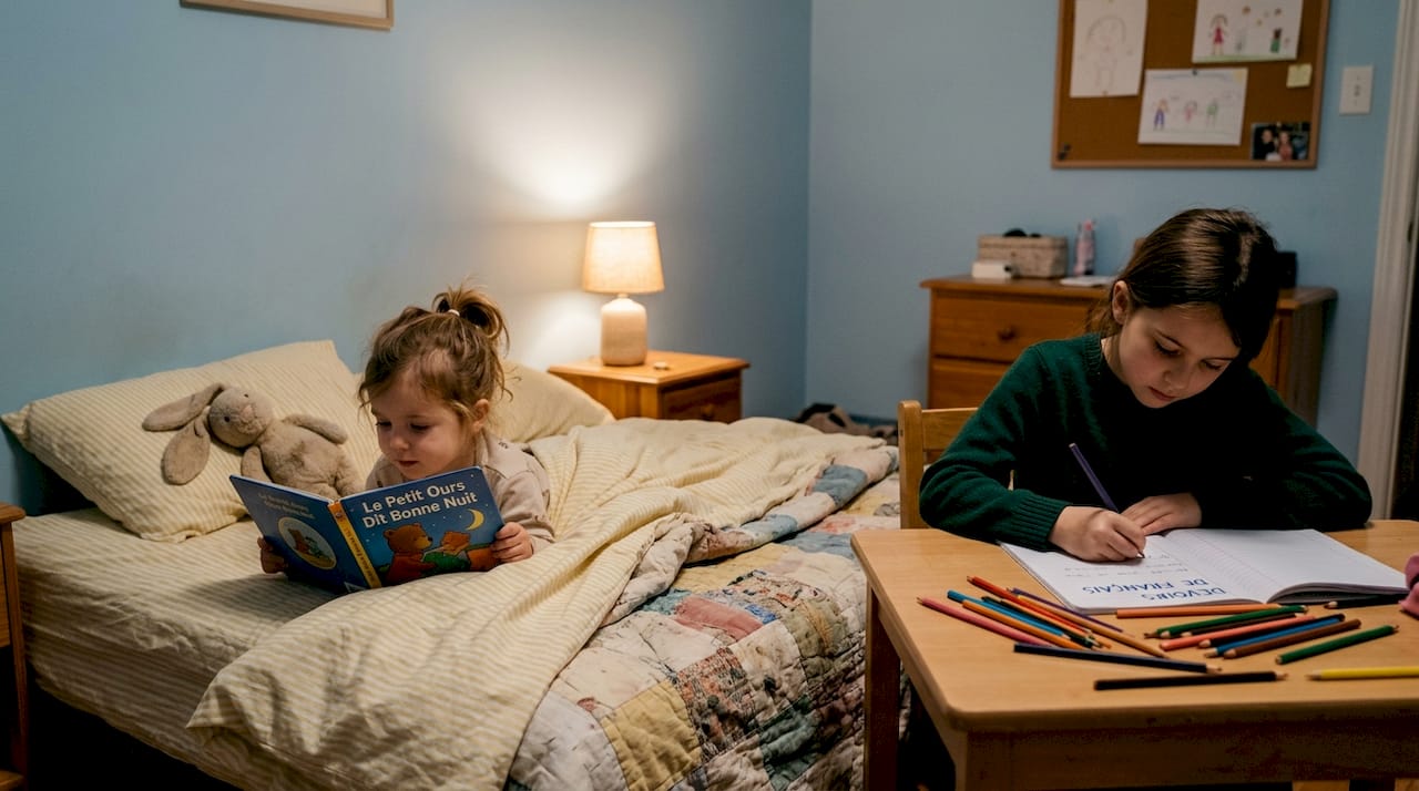 Deux enfants blottis sous la couette partagent un moment complice en lisant une histoire avant de s’endormir, dans la chaleur de leur chambre.