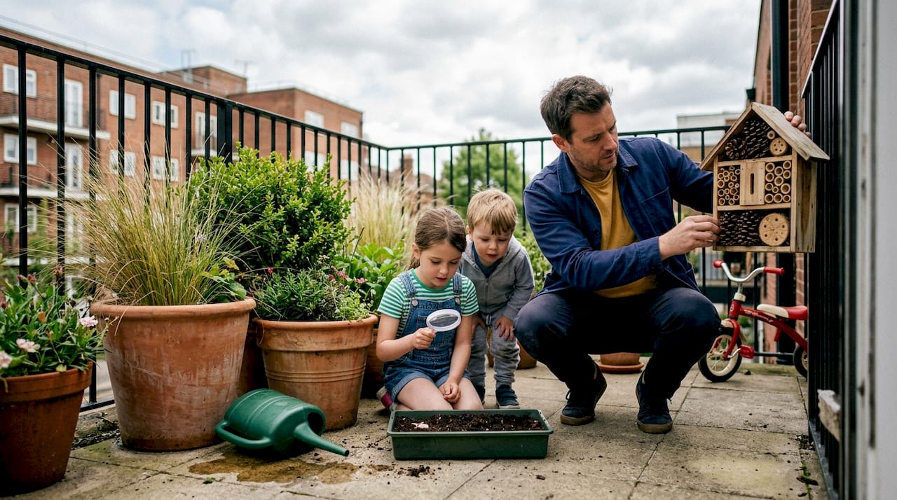 Family creating nature play space on balcony