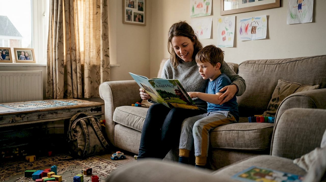 Mother reading picture book with young son