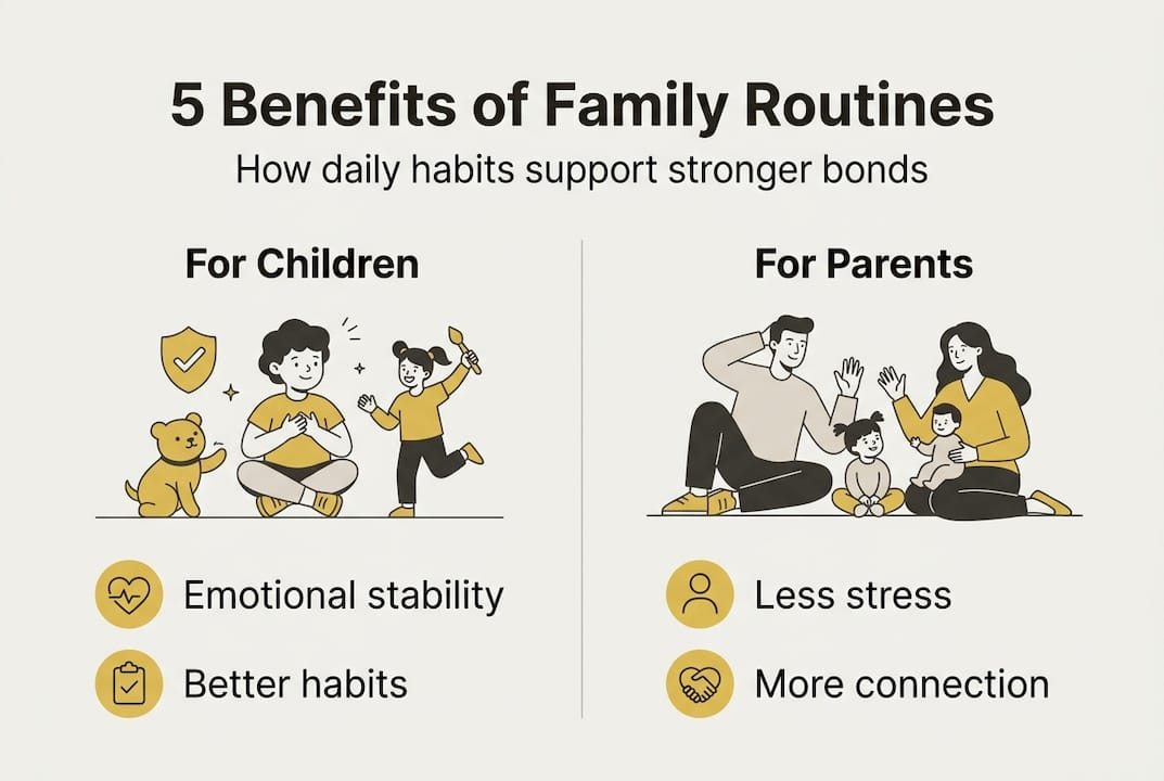 Infographic listing family routines’ main benefits