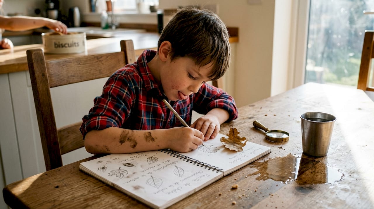 Un jeune garçon tient un carnet où il note ses observations sur la nature autour de chez lui.