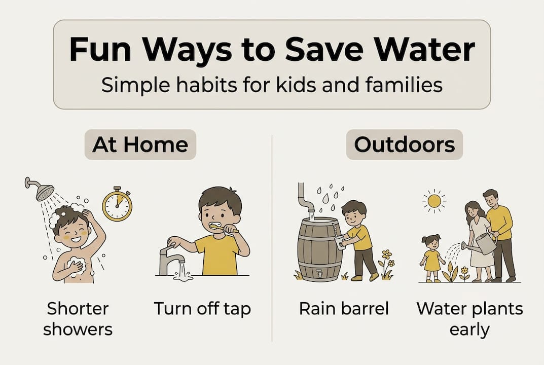 Water conservation infographic with simple kids’ actions