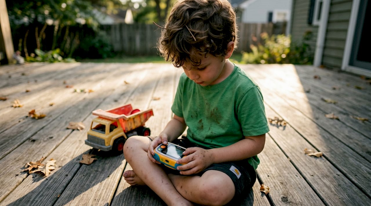 Boy with starter camera on backyard deck