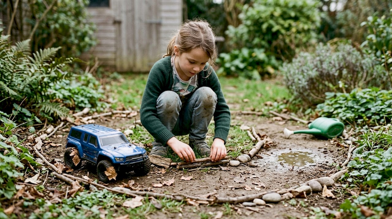Un enfant s’amuse à inventer un circuit pour ses petites voitures dans le jardin.