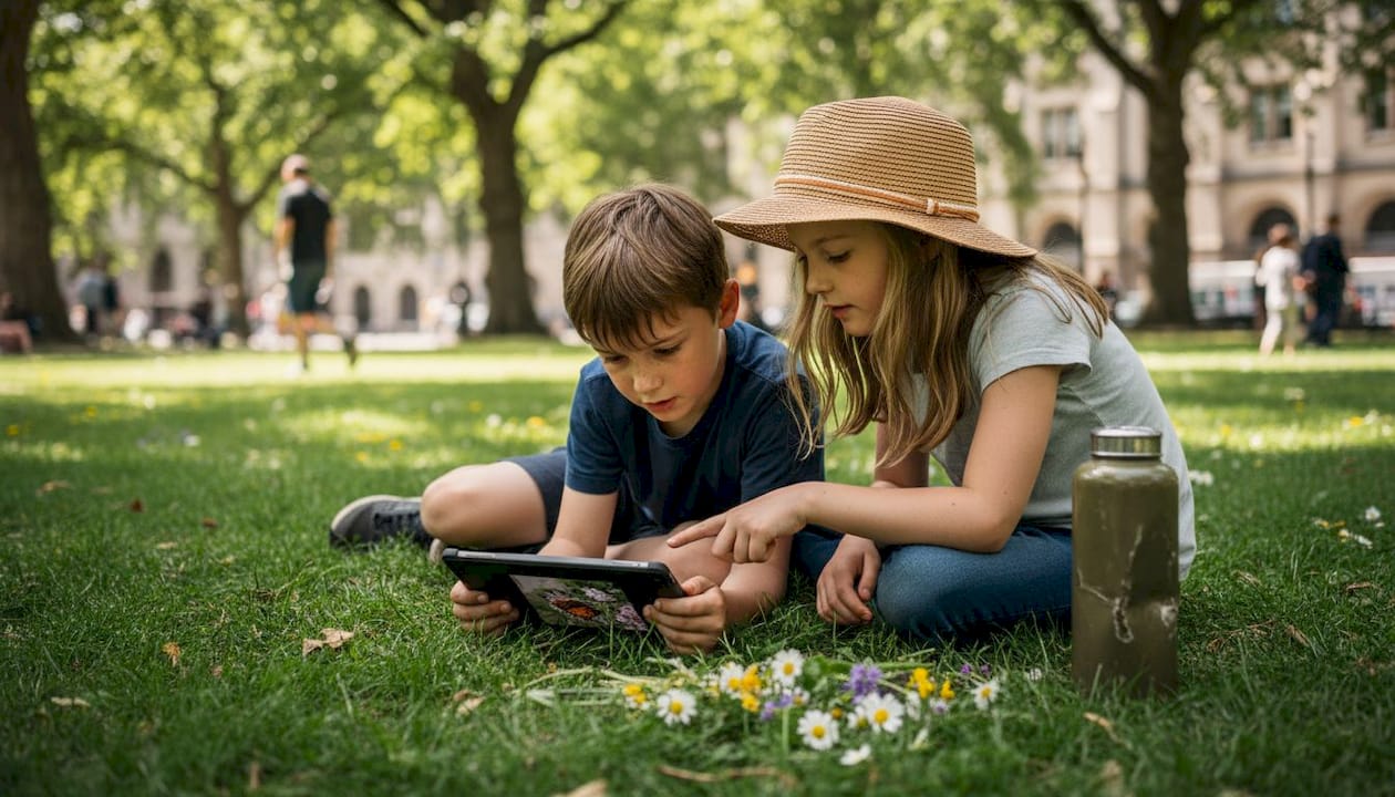 Children reviewing photos outside on grass