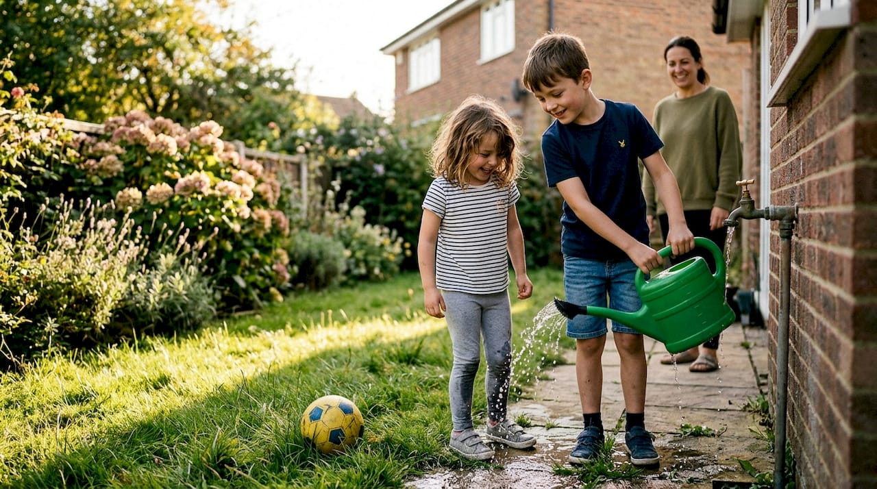 Children watering garden together in backyard
