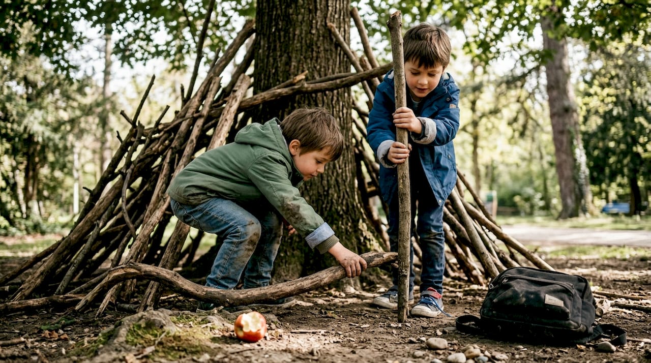 Des enfants s'entraident pour construire une cabane avec des branches dans la nature.