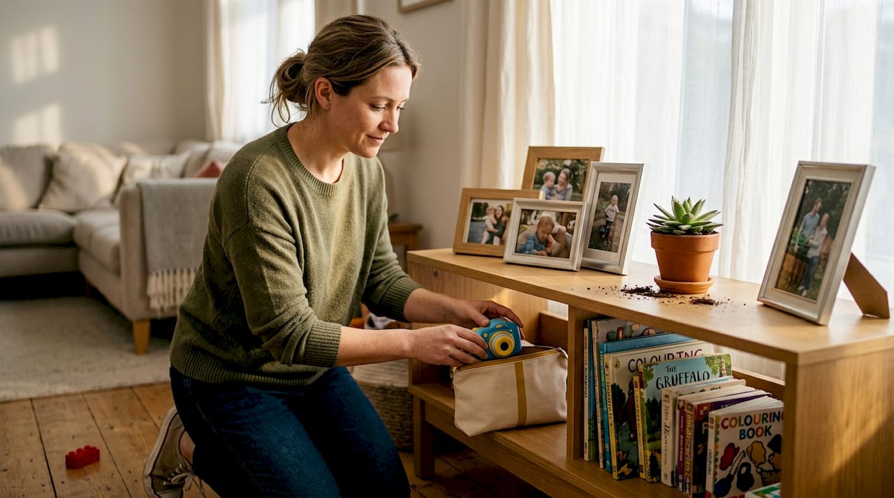Parent storing camera on home shelf