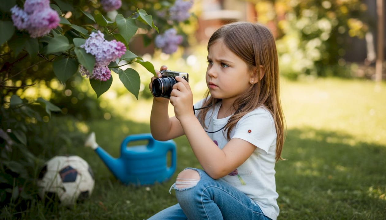 Une petite fille s’amuse à prendre des photos en gros plan des fleurs et des insectes dans le jardin avec son appareil photo.