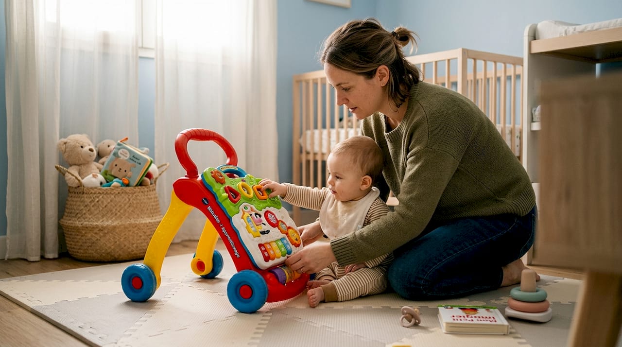Un parent règle le trotteur VTech dans la chambre de bébé.