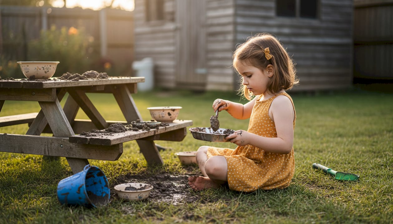 Child creating mud pie in backyard mud kitchen
