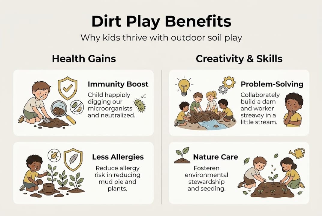 Infographic illustrating dirt play benefits for children