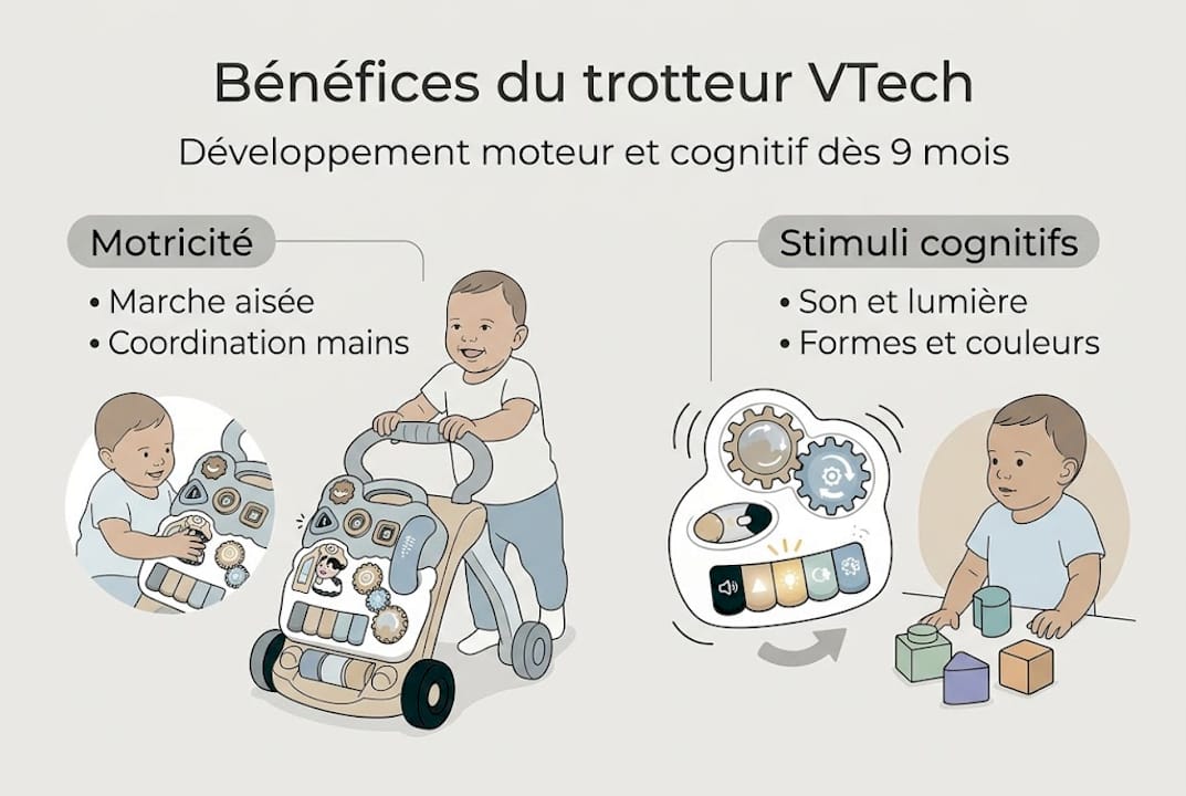 Infographie : les avantages du trotteur VTech pour le développement de votre enfant