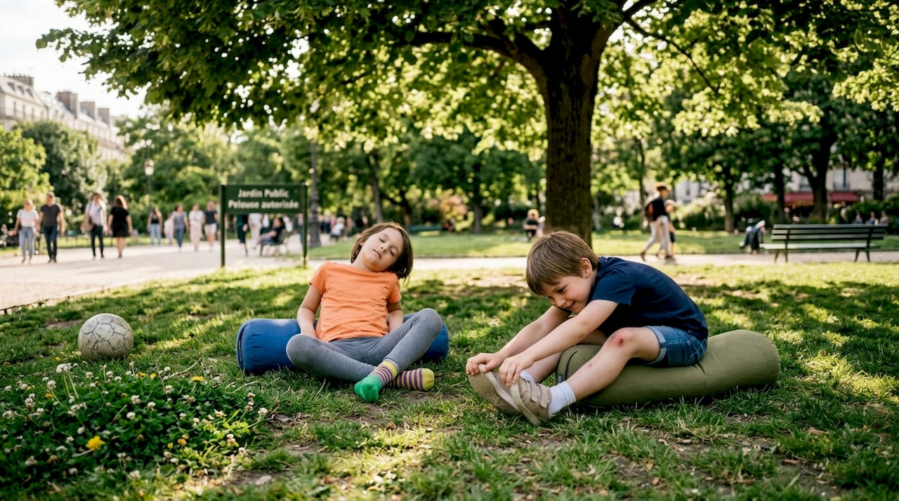 Des enfants découvrent le yoga en plein air, installés confortablement sur des traversins.