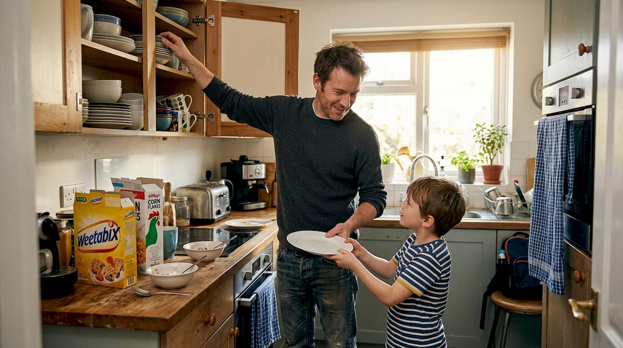Father and son finishing up breakfast routine