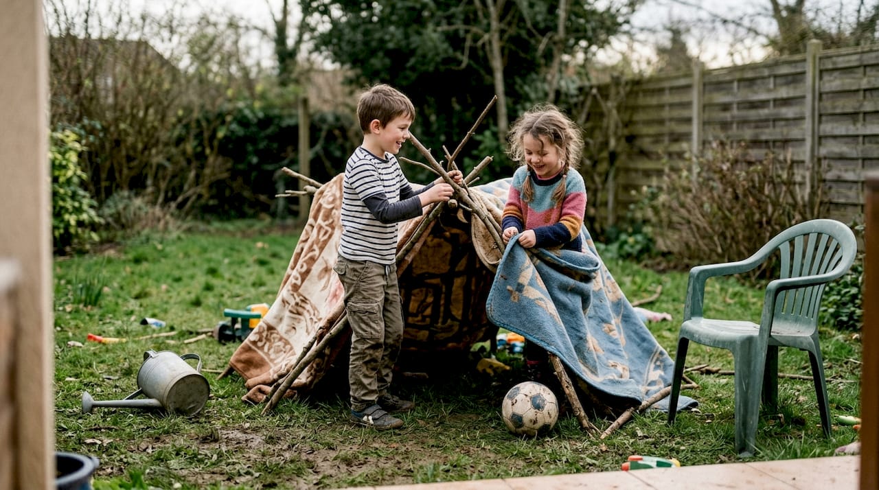 Les enfants s’amusent à construire une cabane dans le jardin, laissant libre cours à leur imagination.