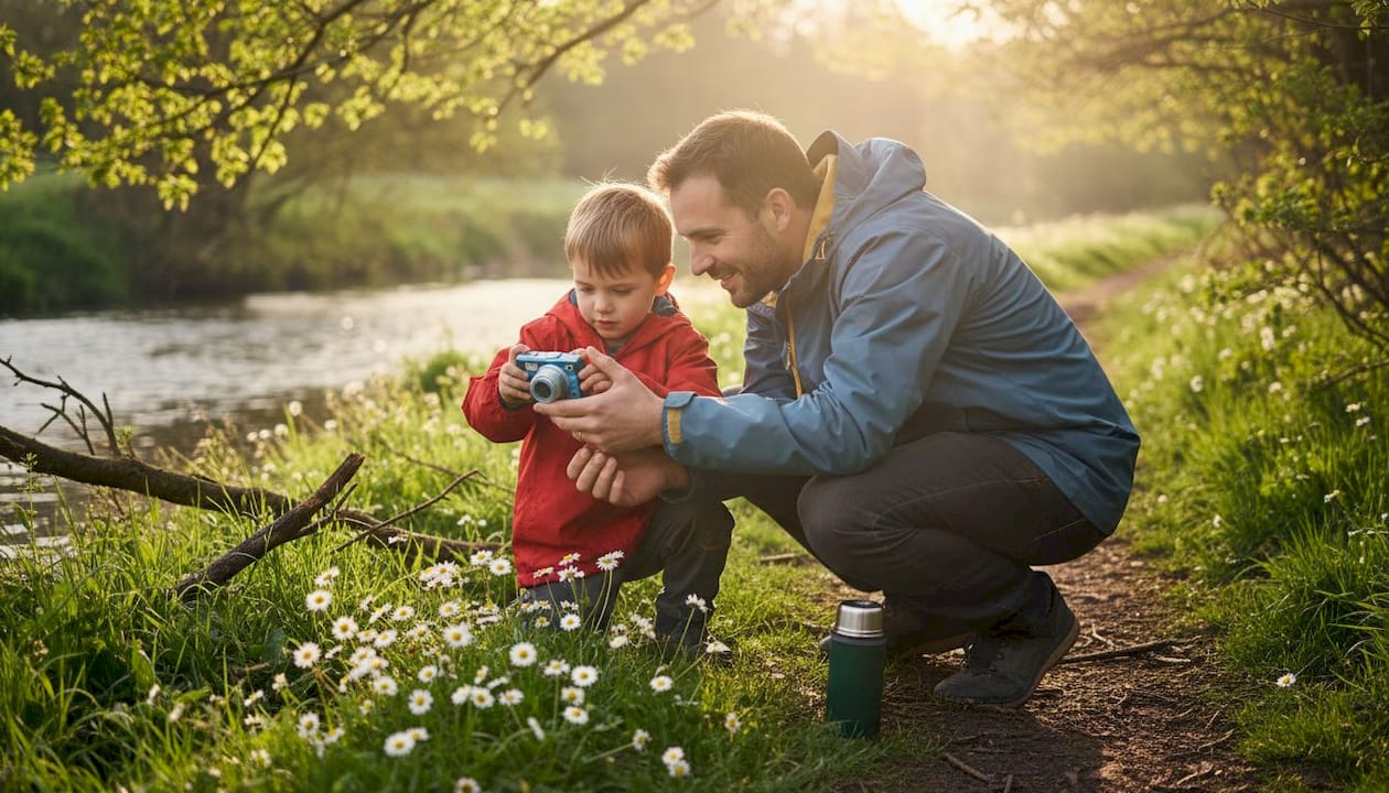 Parent guiding child with camera outdoors