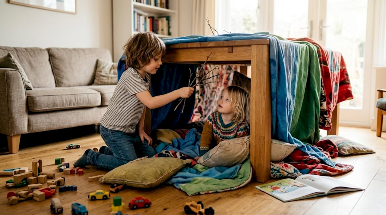 Des enfants improvisent une cabane avec des coussins et des couvertures, transformant le salon en terrain d’aventure.