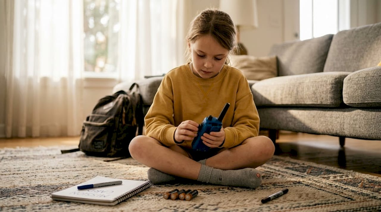 Child preparing walkie talkie session at home