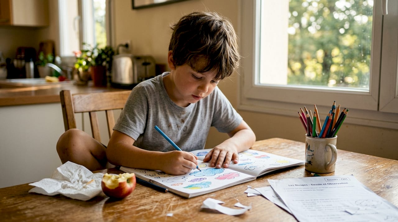 Un enfant assis à sa table s’amuse à dessiner des nuages de toutes les formes.