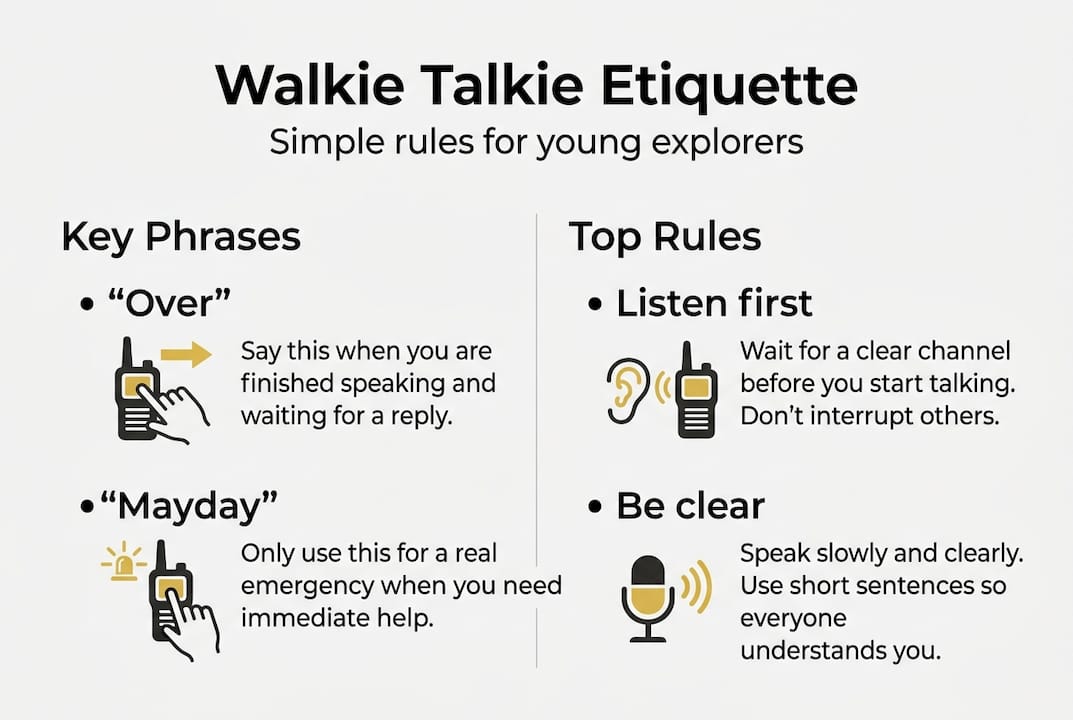 Infographic showing walkie talkie etiquette basics for kids