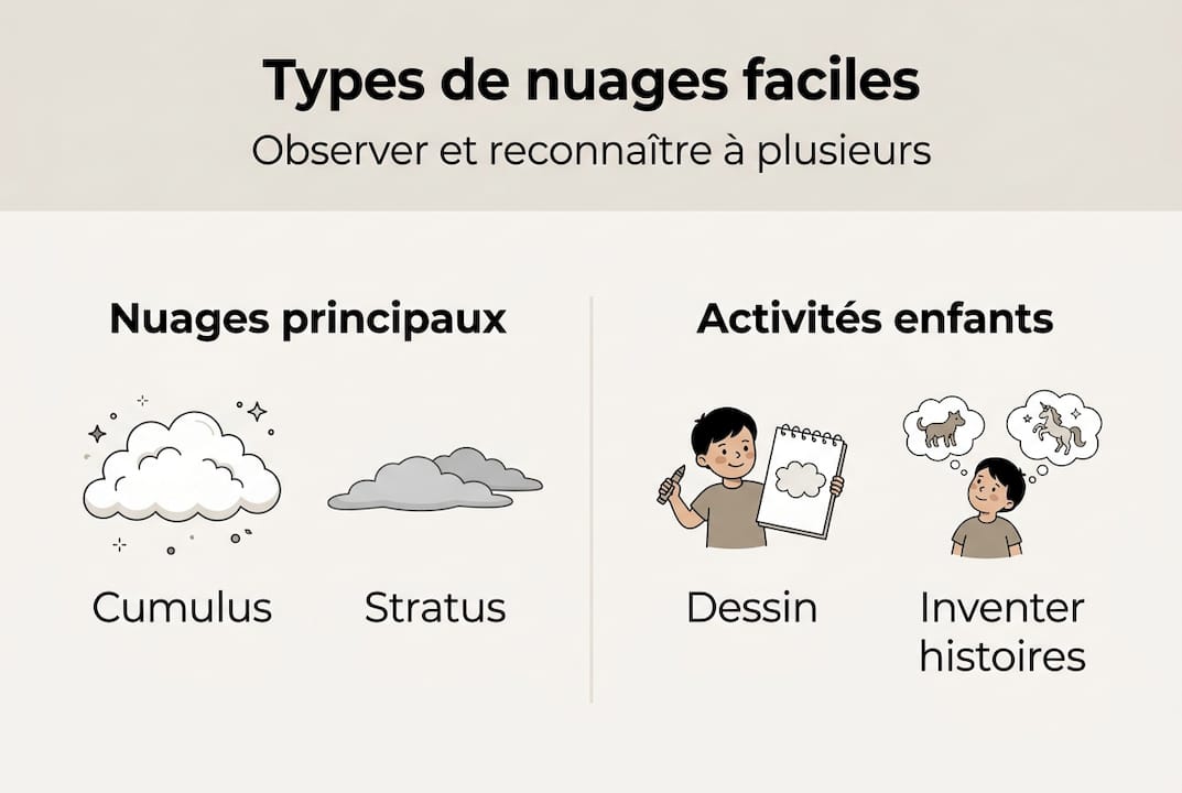 Découvrez notre infographie ludique pour tout savoir sur les différents types de nuages, accompagnée d’idées d’activités amusantes à faire avec les enfants !