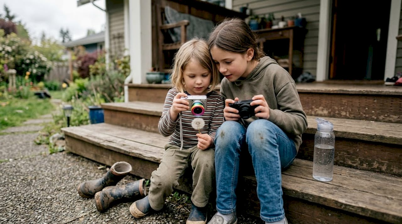 Des enfants s'amusent à explorer les marches d'un escalier extérieur avec des objectifs macro, à la recherche des petits détails cachés.