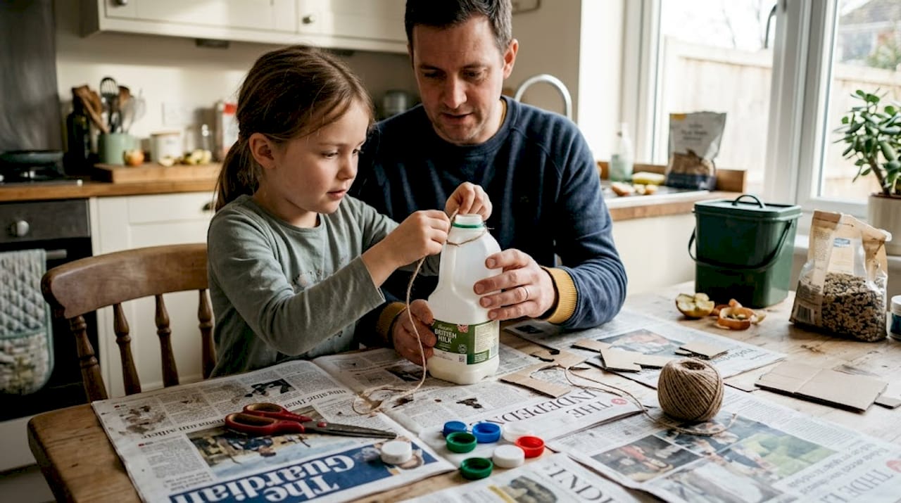Family making eco-friendly recycled crafts
