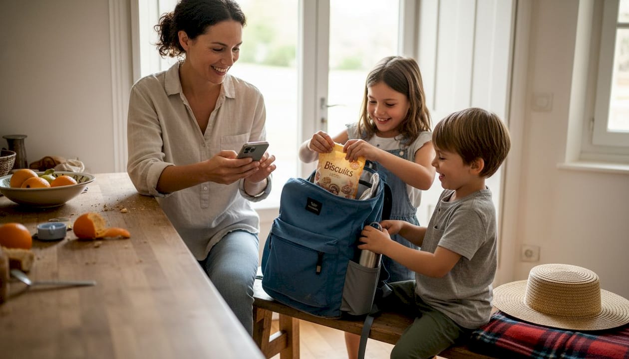 Réunis autour de la table de la cuisine, les membres de la famille préparent ensemble un sac à dos rempli de gourmandises pour la sortie.