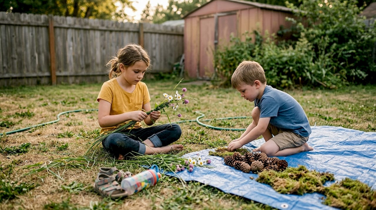 Children crafting backyard barefoot sensory trail