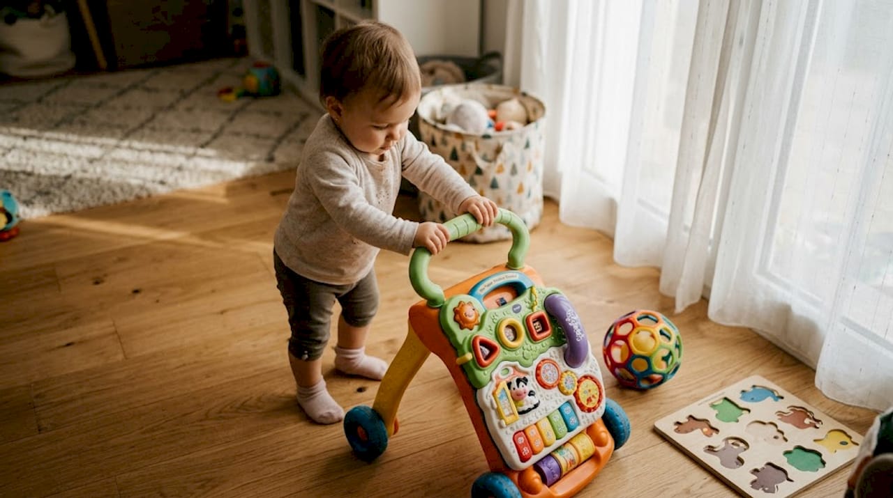 Grâce à son trotteur, l’enfant apprend à mieux maîtriser son équilibre.