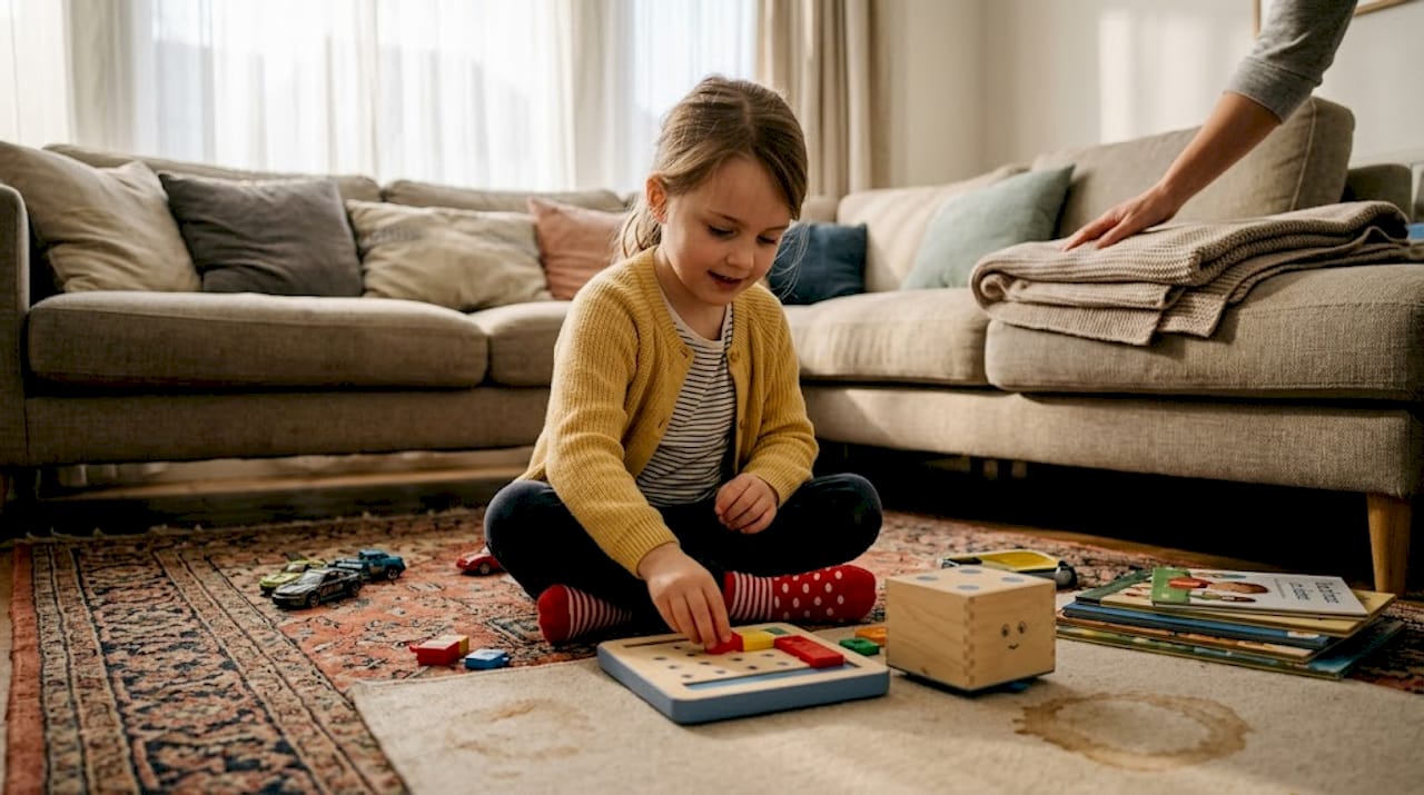 Girl programming robot on living room rug