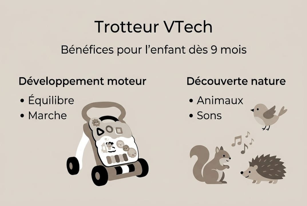 Infographie : les bienfaits du trotteur VTech sur la motricité et la découverte de la nature