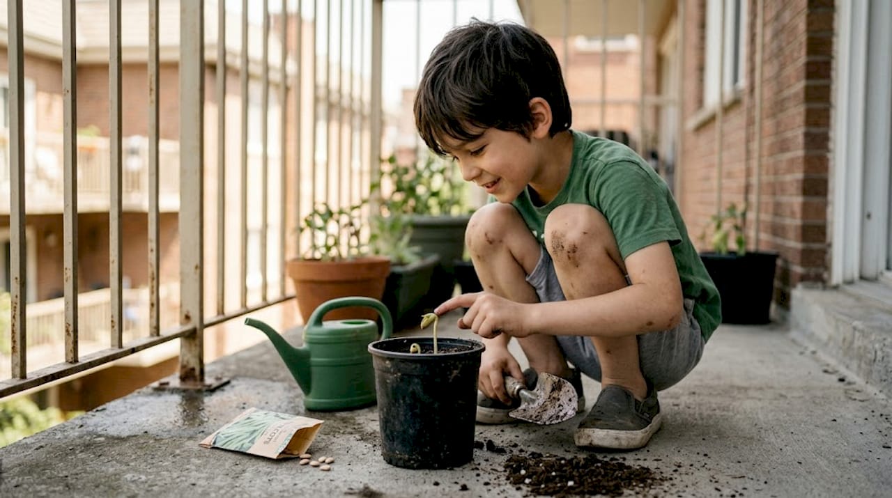 Un enfant jardine et observe avec émerveillement la pousse d’un haricot.