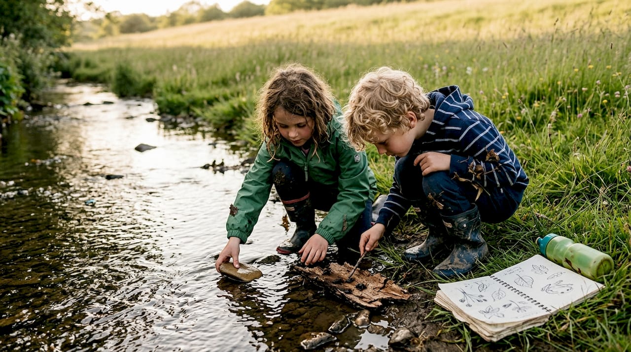 Des enfants partent à la découverte de la nature en s’aventurant le long d’un ruisseau.