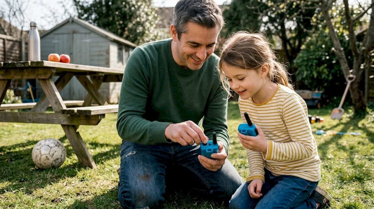 Parent and child testing walkie talkie outdoors